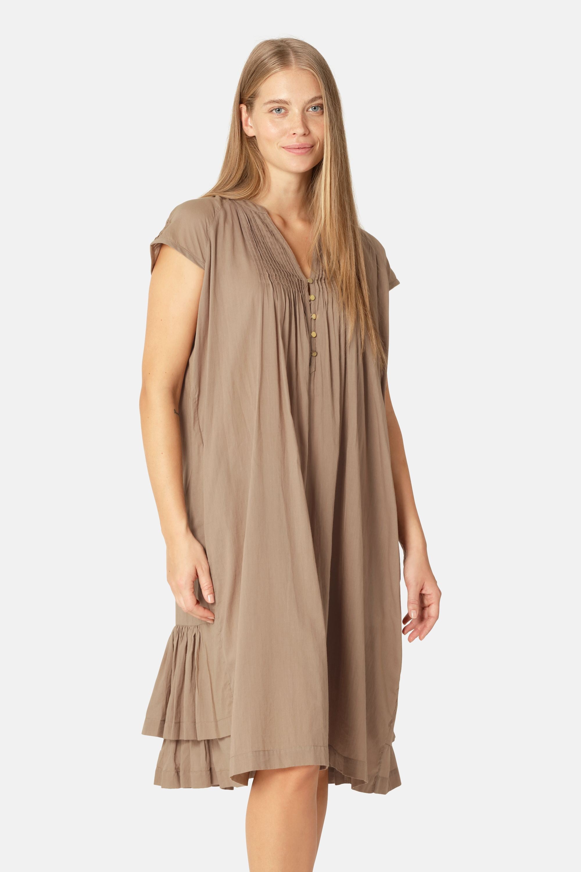 Vestido Largo de Manga Corta - Greige